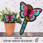 Load image into Gallery viewer, Teal and Pink Stained Glass Butterfly Garden Stake Design