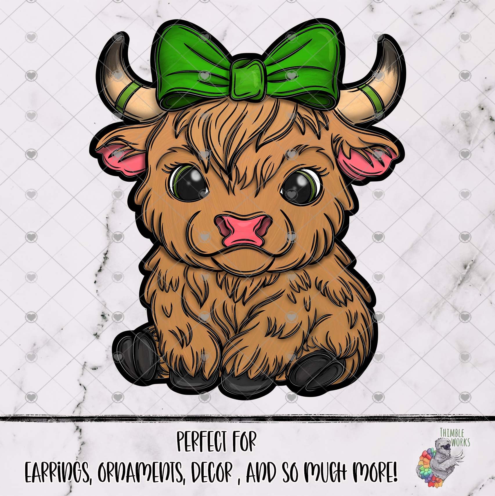 Blonde Kawaii Highland Cow with Green Bow Design