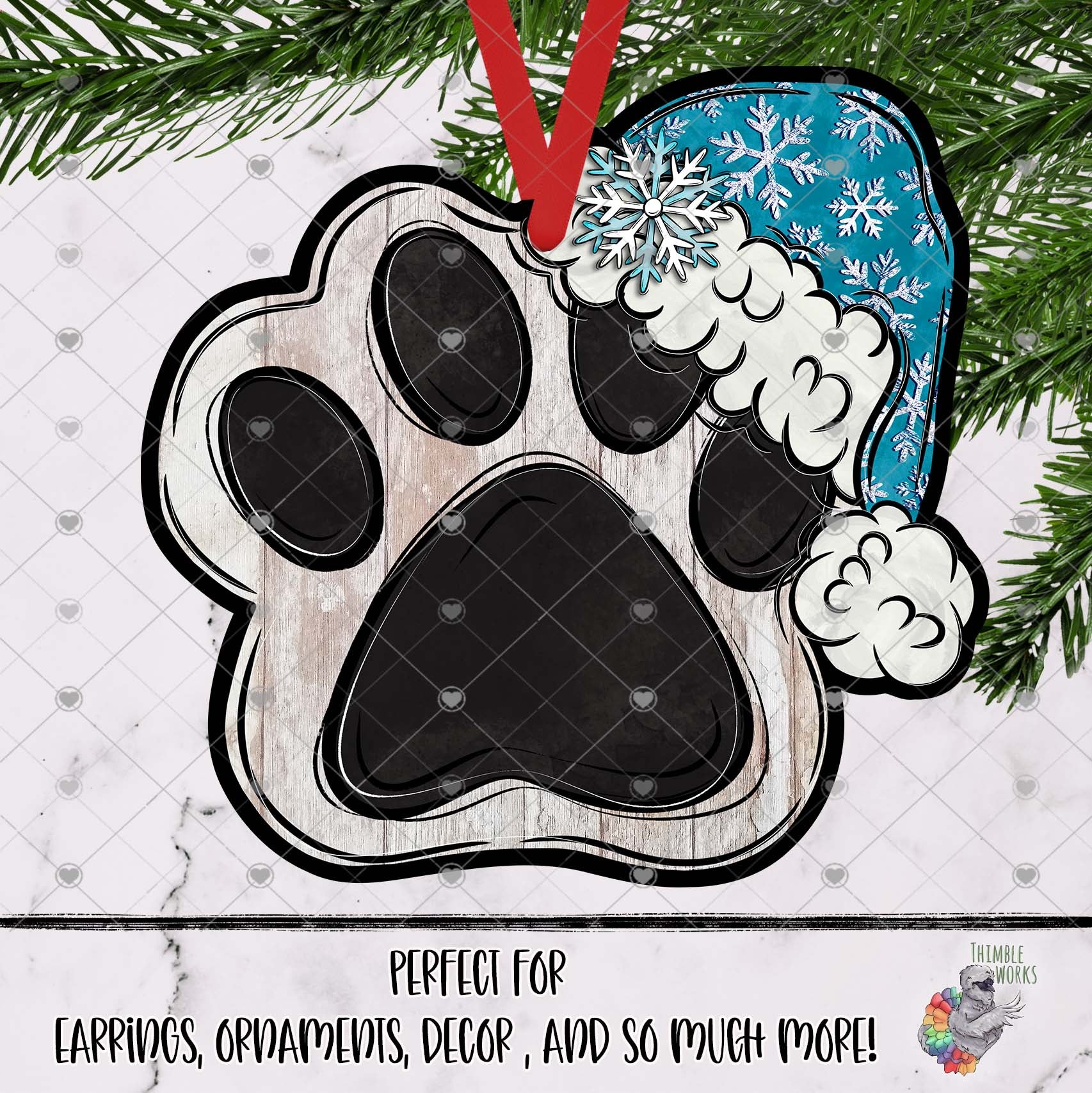 Snowflake Dog Paw with Santa Hat Design
