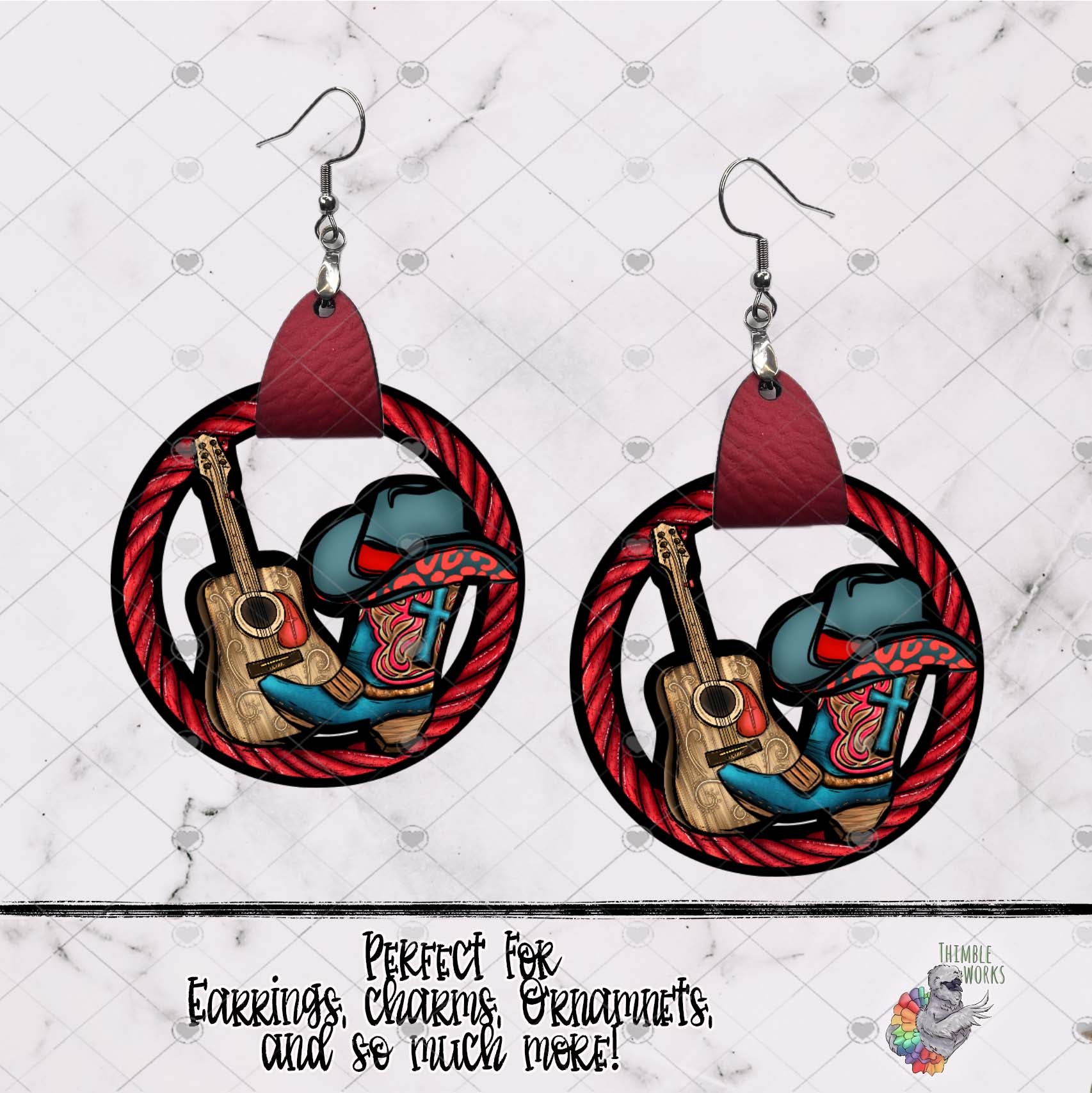 Red Cross Cowboy Boot and Guitar Leather Earring