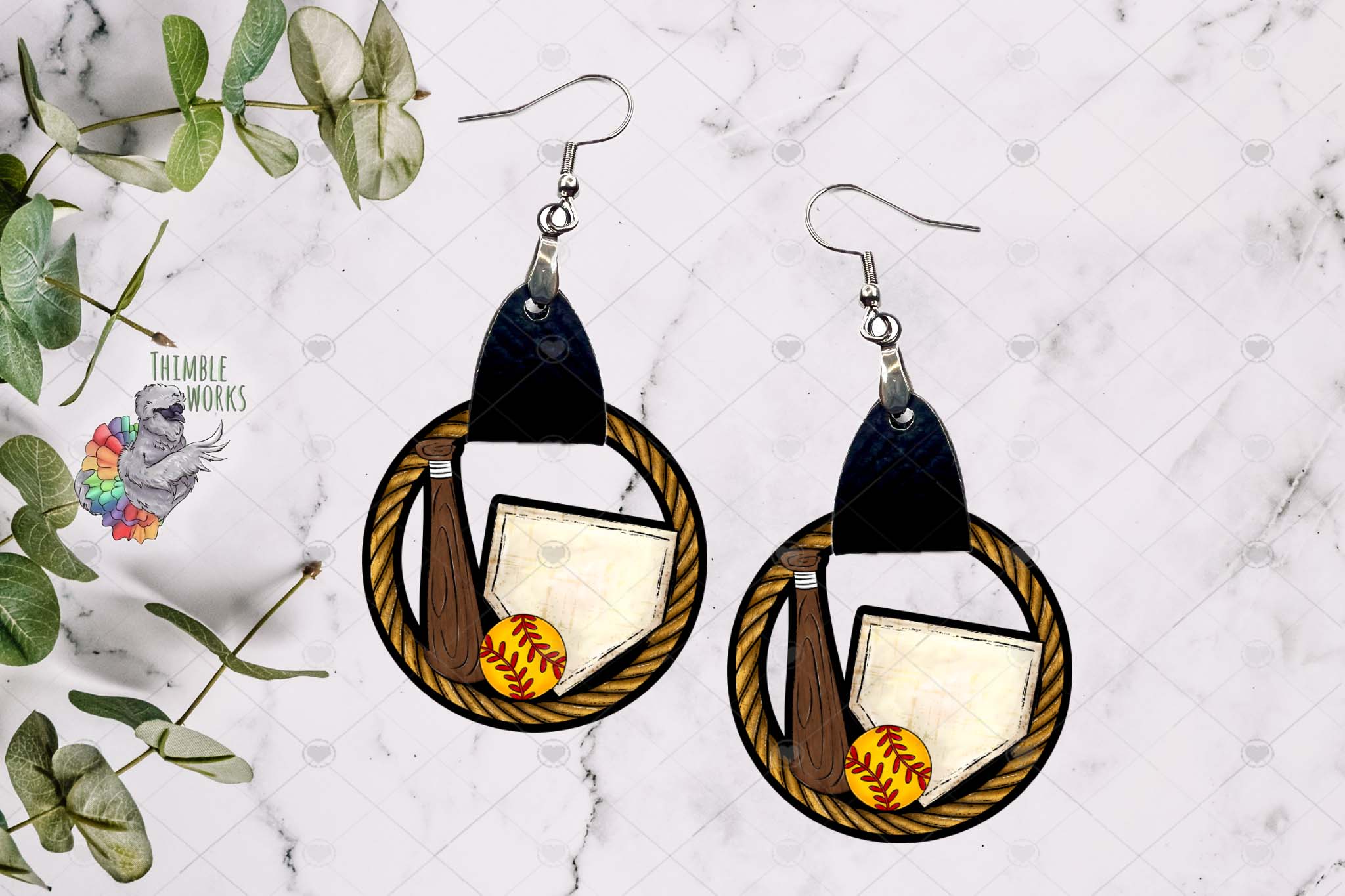 Softball with Leather Earring Design