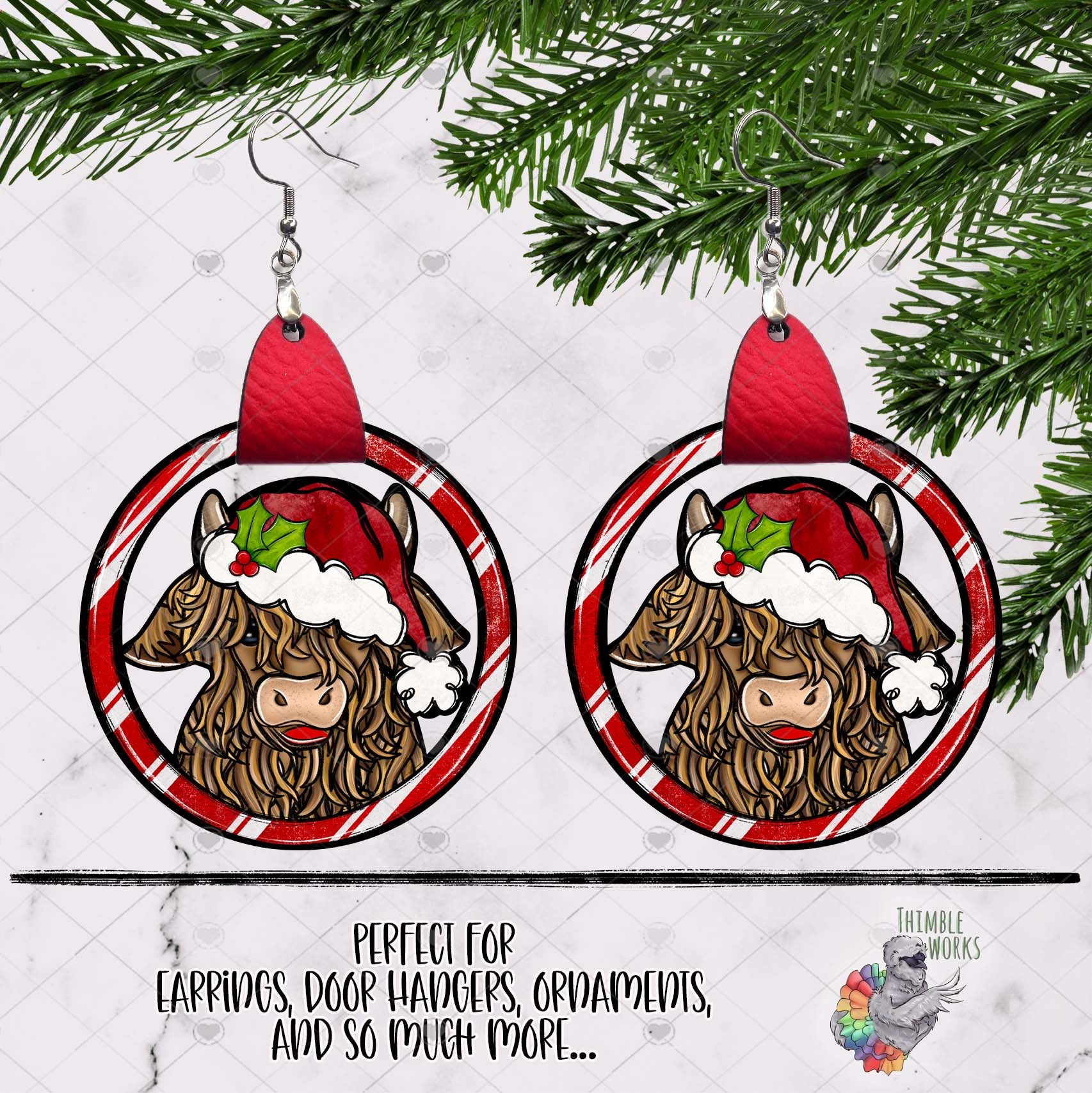 Santa Hat Highland Cow Leather Earring Design