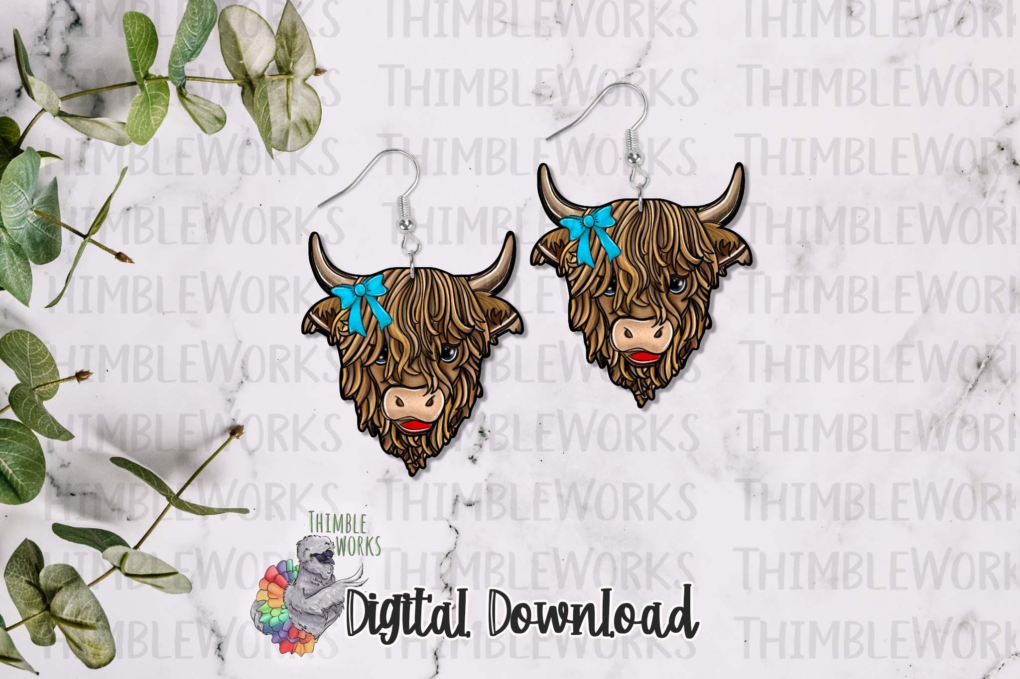 Blue Bow Highland Cow Sublimation Design