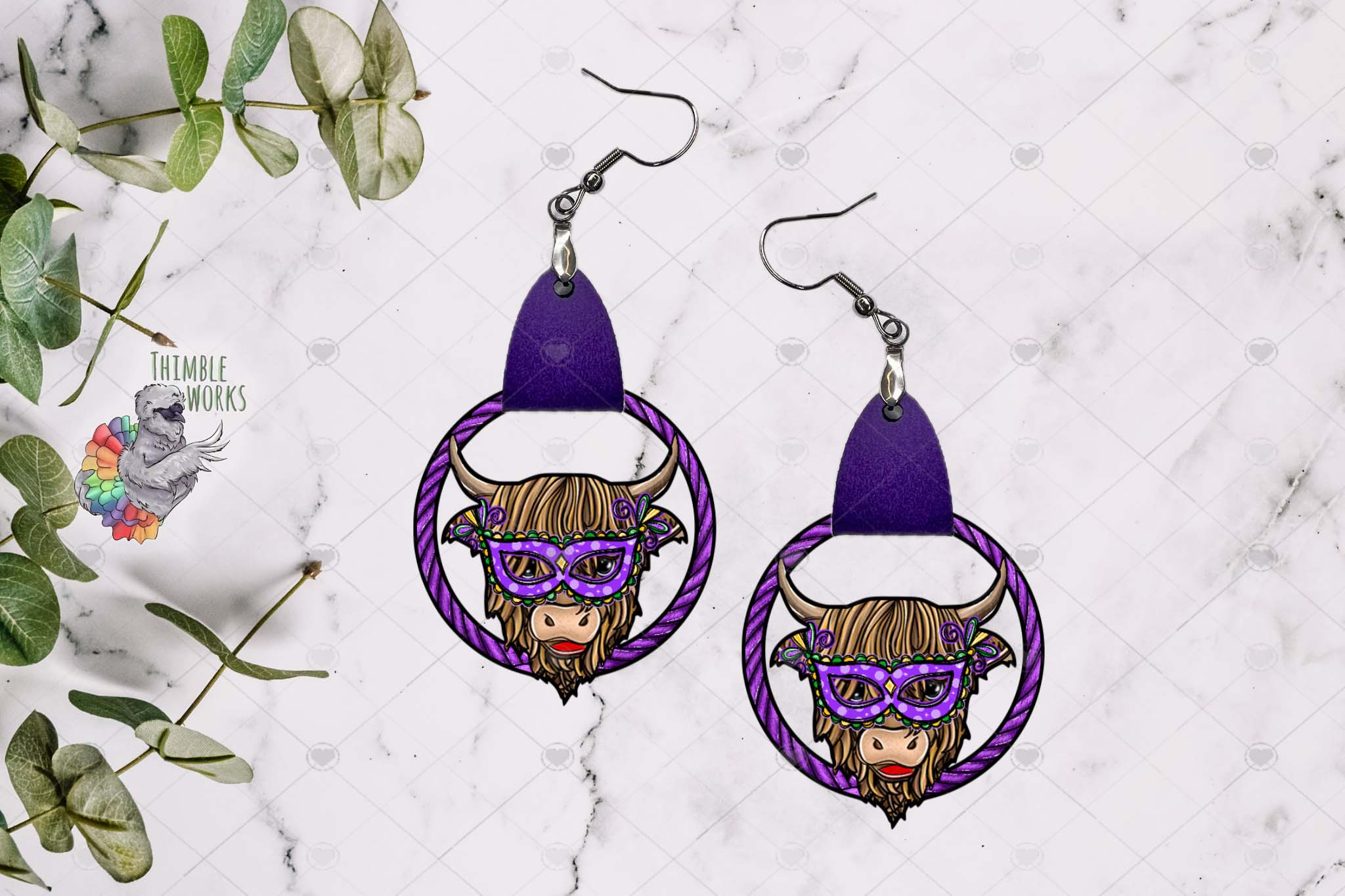 Mardi Gras Highland Cow Leather Earring Design