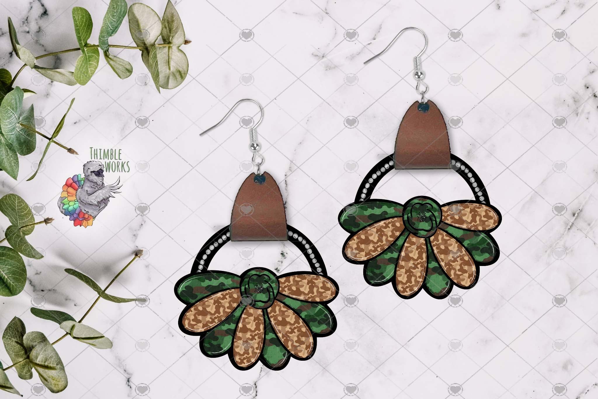 Military Camo Flower Leather Earring Sublimation Design