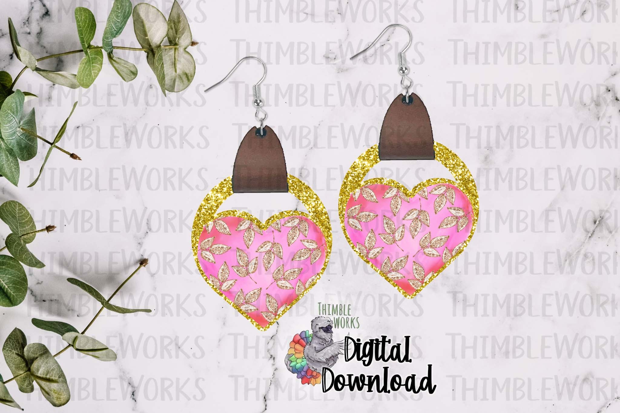 Pink and Gold Heart Leather Earring Sublimation Design