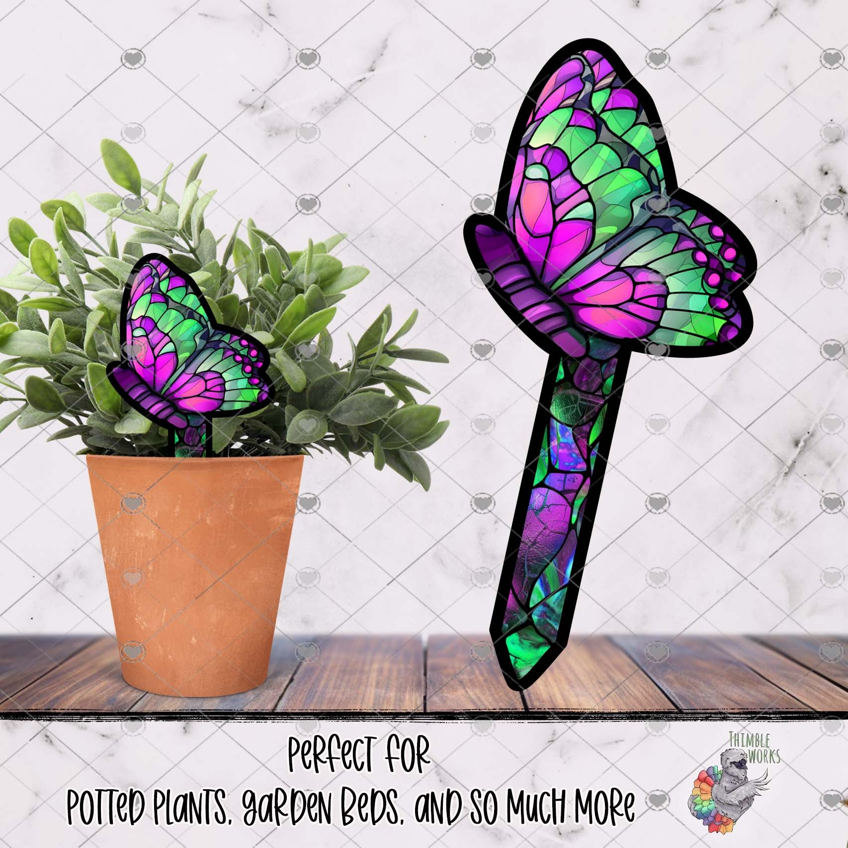 Purple and Green Stained Glass Side Butterfly Garden Stake Design