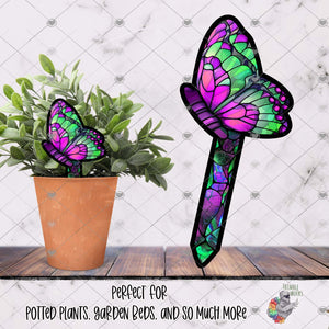 Purple and Green Stained Glass Side Butterfly Garden Stake Design