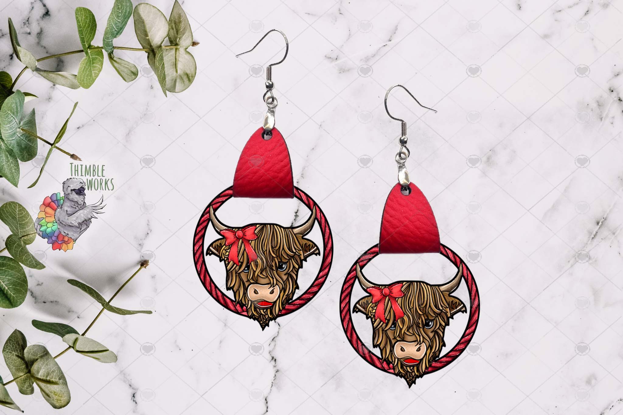 Red Bow Highland Cow Leather Earring Design