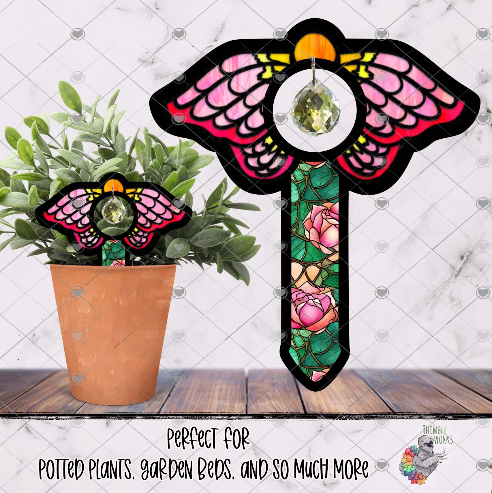 Pink and Yellow Moth Garden Stake Design
