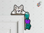 Load image into Gallery viewer, Teal Peeking Cat Over the Door Sitter Sublimation Design
