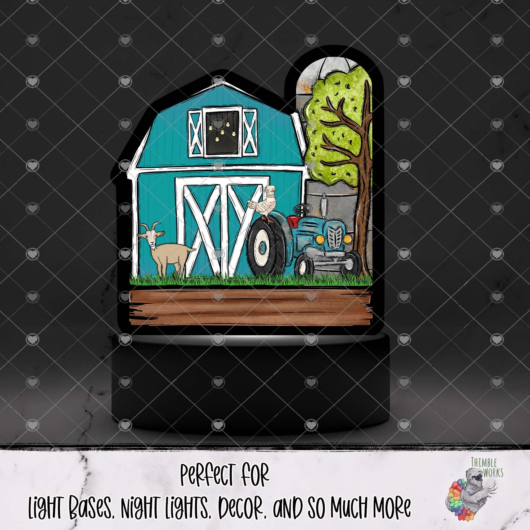 Teal Tractor Barn with Silo Light Base Design