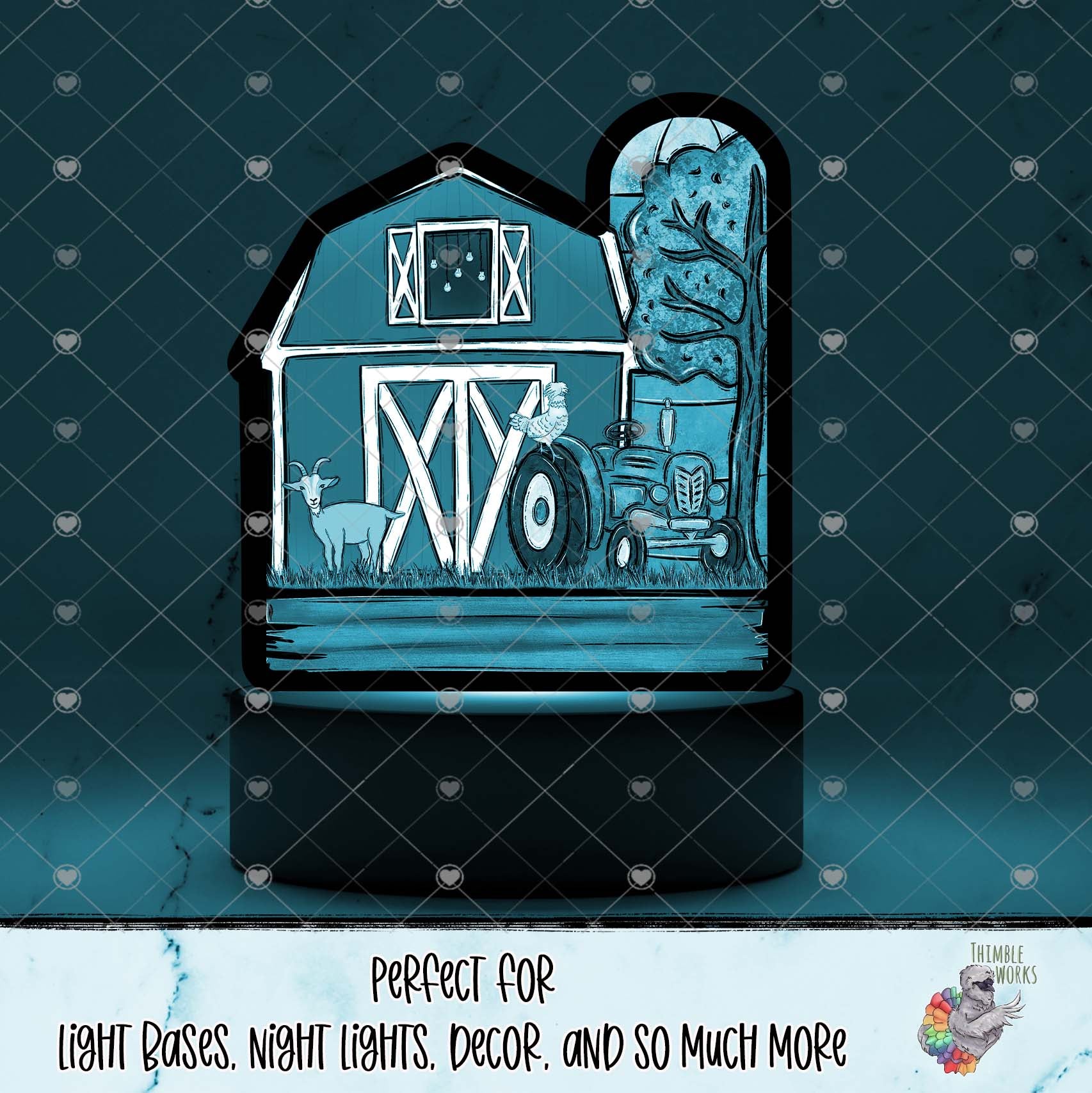 Teal Tractor Barn with Silo Light Base Design