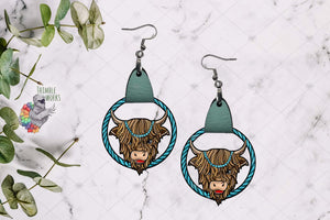 Turquoise Highland Cow Leather Earring Design