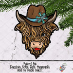 Load image into Gallery viewer, Turquoise Snowflake Cowboy Highland Cow Design
